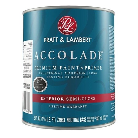 Accolade Z4900 Exterior Premium Paint and Primer, SemiGloss, Neutral Base, 1 qt -  PRATT & LAMBERT, 0000Z4983-44